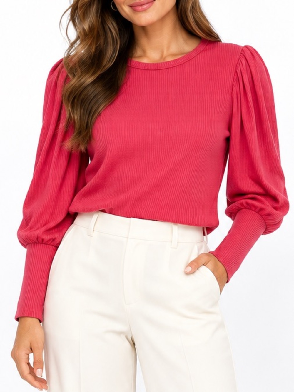 EVEREVE Coral-Pink Puff Sleeve Long Cuff Soft Ribbed Knit Feminine Top Size M